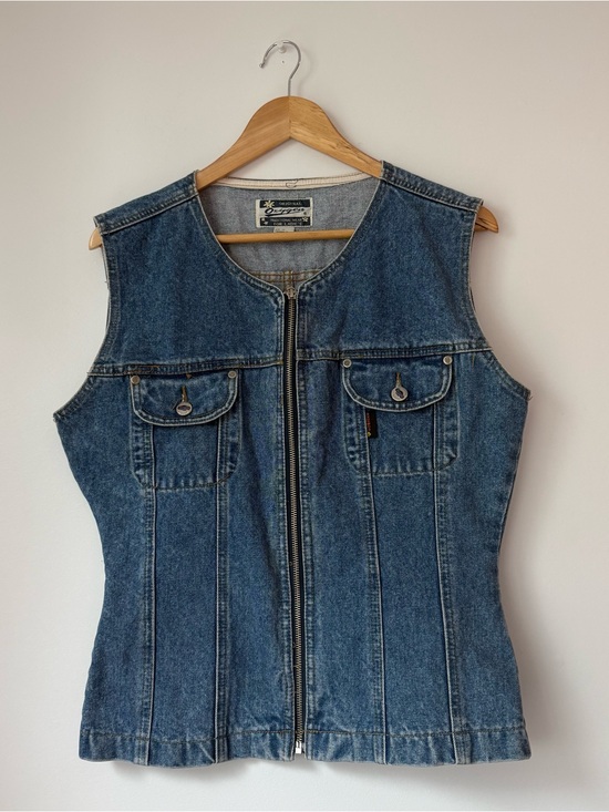 Original Oxygen Jackets & Blazers - Vintage 90s Women’s Oxygen Denim Vest Zip Up Fitted Sleeveless Top XL